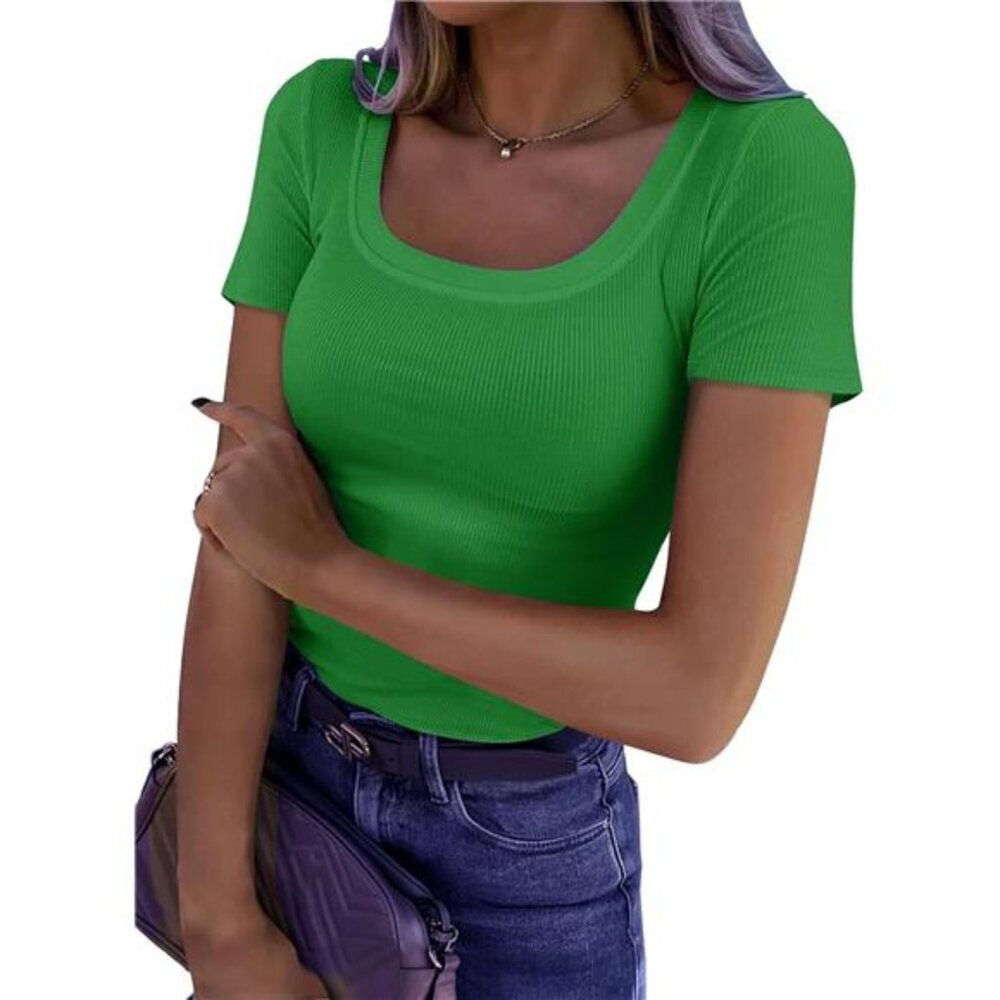 Women's Summer Scoop Neck Short Sleeve T-Shirts Ribbed Knit Slim Fitted